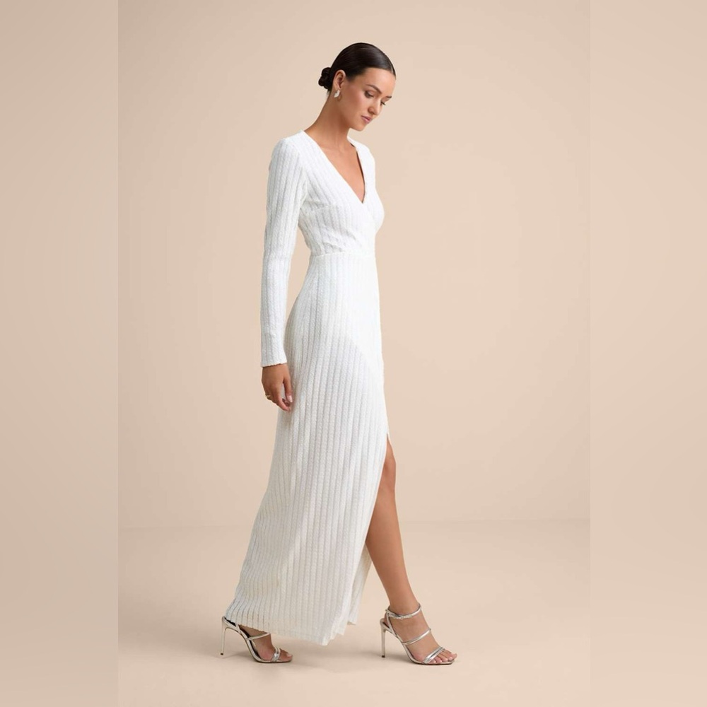 Lulus Love Lasts Forever White Sequin Long‎ Sleeve Maxi Dress New (XL)